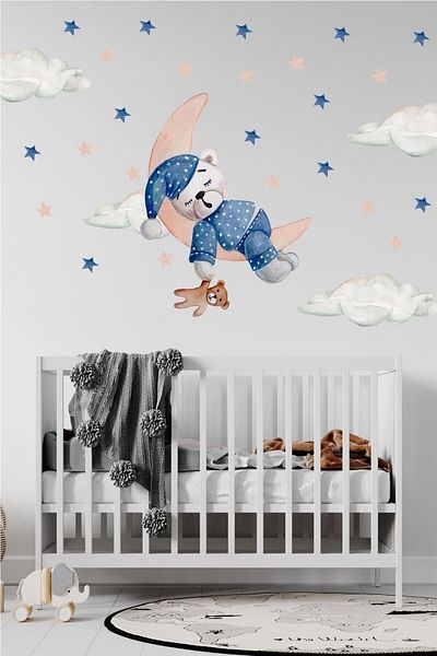 Piksel Grafik Autocolant de perete pentru cameră pentru copii Cute Bear Cloud Sleep