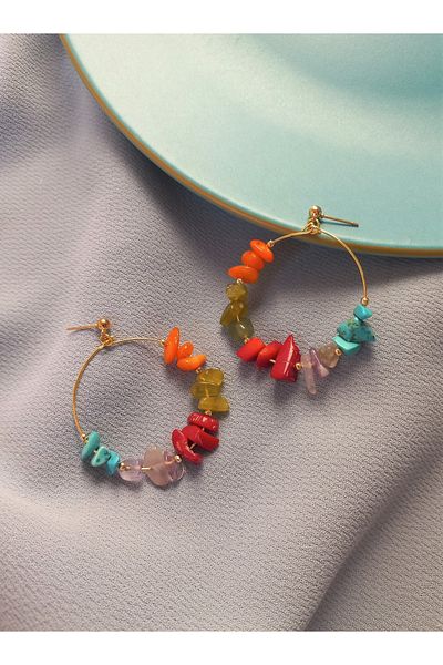dela otantik Authentic Ethnic Bohemian Hoop Earrings with Five Stones Handmade Natural Stone Large Earrings Gift Jewelry Earrings Jewelry