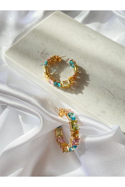 SWORDS CONCEPT Gold Steel Earrings with Colorful Stones