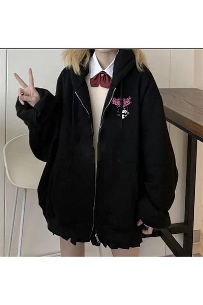 Touz Moda Dompuleri Moda Kuromi Oversize Zippered Black Unisex Hooded Cardigan
