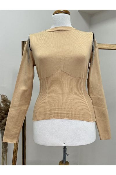 Kokoşum Butik 4858 Tricotaj cu lanț de umăr Bej