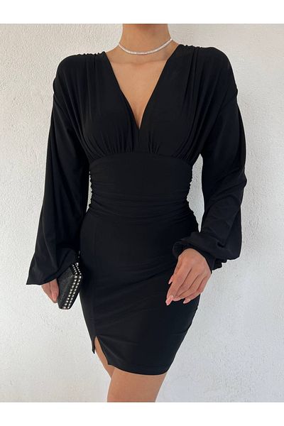 dükkan10butika Rochie de damă cu mânecă lungă, cu mânecă cu balon, cu fantă, neagră
