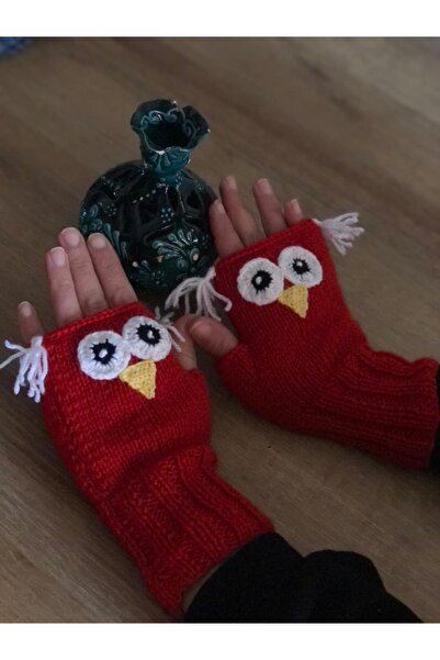 ELEGANTKNİTTED Kadın Kırmızı Baykuş Figürlü Parmaksız Örgü Eldiven