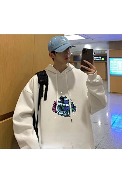 Gofeel Hugging Astronaut Unisex White Color Hooded Oversize Printed Sweatshirt