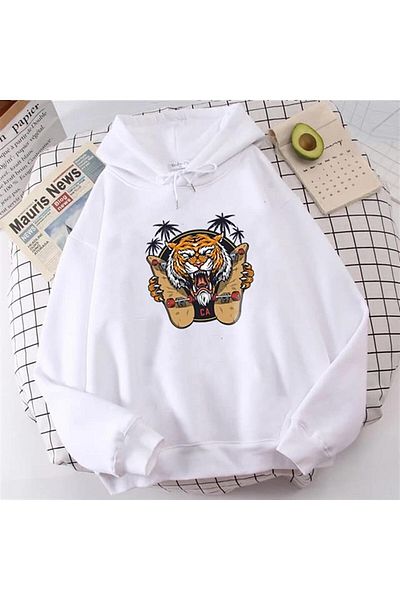 Gofeel Skateboarder Tiger White Hooded Oversize Printed Unisex Sweatshirt