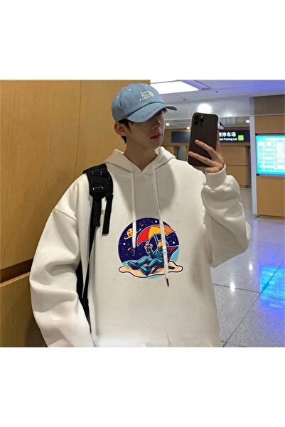 Gofeel Hanorac unisex cu glugă albă, supradimensionat, imprimat Vocation Astr...