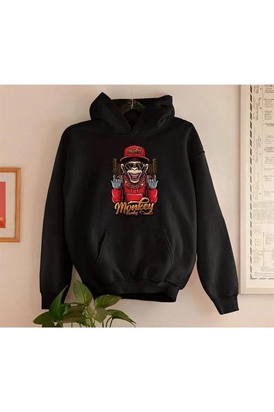 Gofeel Capped Monkey Black Hooded Oversize Printed Unisex Sweatshirt