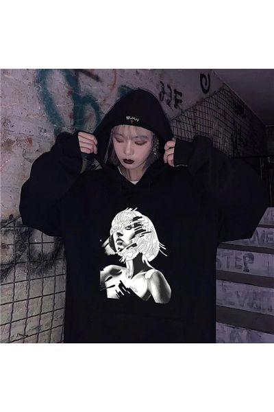 Gofeel Blunt Haired Girl Black Hooded Oversize Printed Unisex Sweatshirt