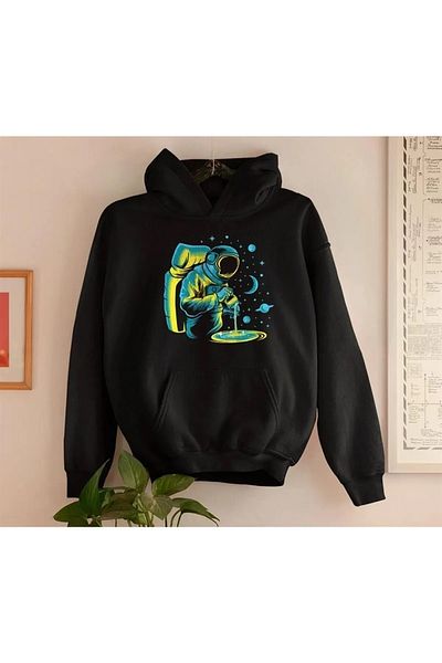 Gofeel Astronaut Black Hooded Oversize Printed Unisex Sweatshirt