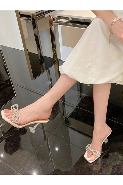 TrendyAnka Women's White Beige Nude 8 Cm Transparent Heeled Pearl Bow Stone Evening Dress Sandals Shoes Slippers