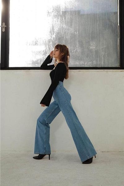 Trn JNS Cyrcus 90's Blue Loose Palazzo Wideleg Jean Power Lycra Femei Talie înaltă