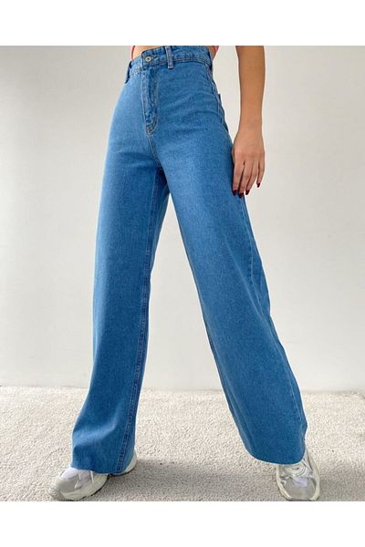 Trn JNS Pantaloni de damă Sara Power Lycra, albastru mediu, talie înaltă, cu picioare largi, blugi largi