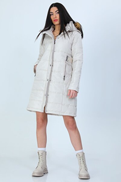 GÜLSELİ Γυναικείο παλτό με γούνινο μακρύ πουπουλένιο παλτό