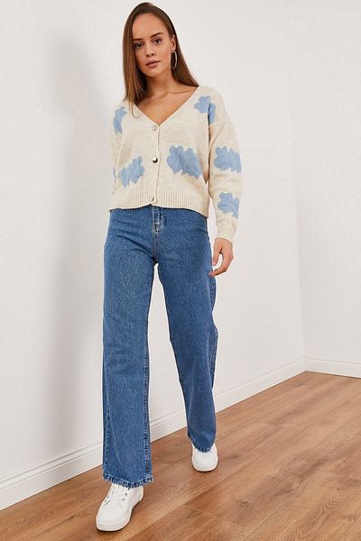 Trn JNS Pantaloni de damă Nancy Power Lycra, albastru mediu, talie înaltă, cu picioare largi, blugi largi