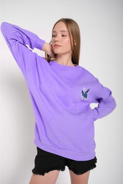 MODAGEN Γυναικείο φούτερ λιλά Oversize μπλε πεταλούδα με στάμπα με λαιμόκοψη