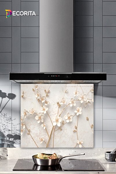 Decorita Cam Ocak Arkası Koruyucu | Beyaz Çiçek - Gold | 52cm X 60cm