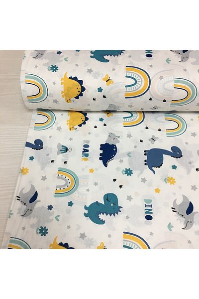 Renk Tekstil Ύφασμα ποπλίνας Rainbow Dino Pattern 100% βαμβάκι
