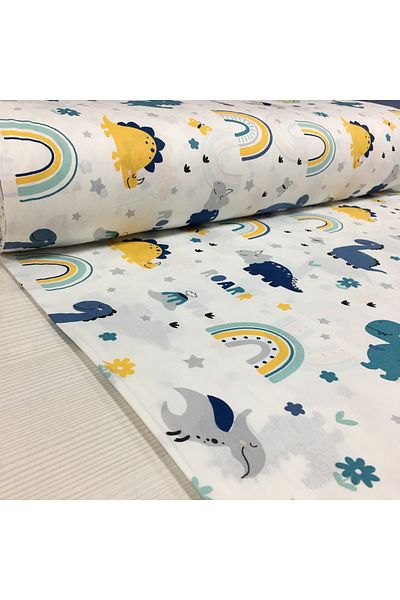 Renk Tekstil Ύφασμα ποπλίνας Rainbow Dino Pattern 100% βαμβάκι