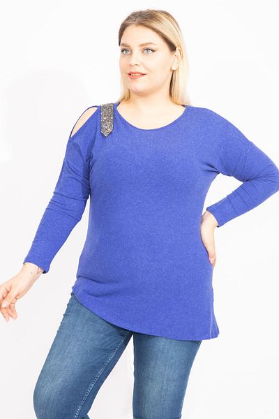 Şans Women's Large Size Saks One Shoulder Low-cut Stone Detailed Blouse 65n35426