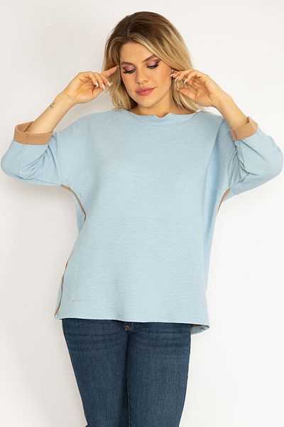 Şans Women's Large Size Blue Piping Detailed Capri Sleeve Sweatshirt 65n35390