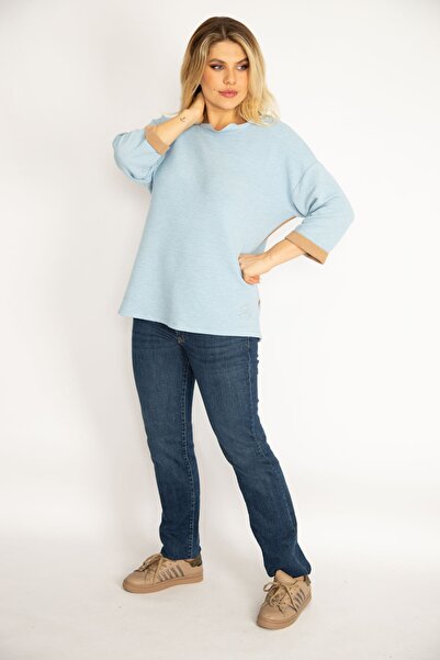 Şans Women's Large Size Blue Piping Detailed Capri Sleeve Sweatshirt 65n35390