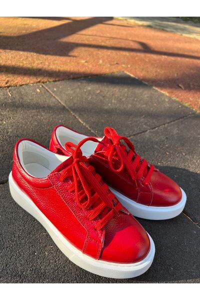 Madam Kifi Kırmızı, Hakiki Deri, Sneaker Bağcıklı Kadın Ayakkabı