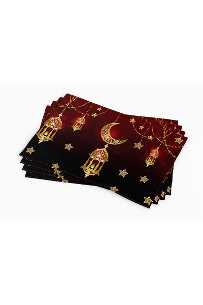 Tataroğlu Dijital Kumaş Ramadan Collection - Candelabre aurite cu design de fundal burgundă Set de 6 servicii americane 1 alergător