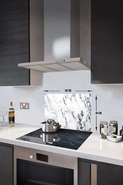 Decorita Protector de spate pentru aragaz din sticla |   Aspect de marmură albă |   40 cm X 60 cm