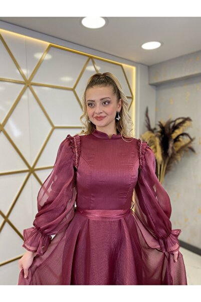 Surikka Omuzu Taşlı Sema Tesettür Abiye Fuşya