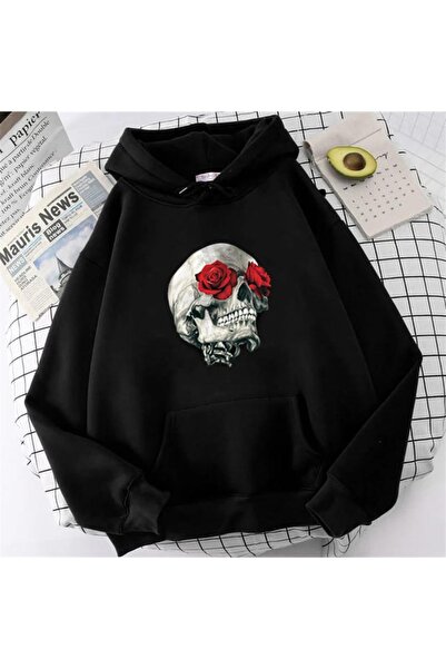 Touz Σάτου Μόντα - Φούτερ με κουκούλα με σχέδιο κρανίου με ροζ μάτια, μαύρο, ...