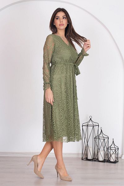 Neşeli Butik Γυναικείο φόρεμα με δαντέλα με διπλό στήθος με ζώνη χακί Rssn31