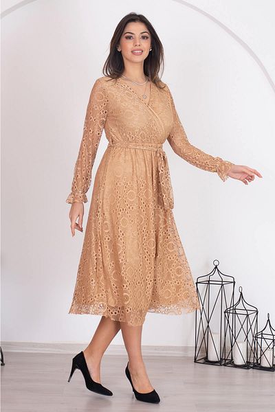 Neşeli Butik Γυναικείο φόρεμα με δαντέλα με διπλό στήθος Camel ζωσμένο Rssn31