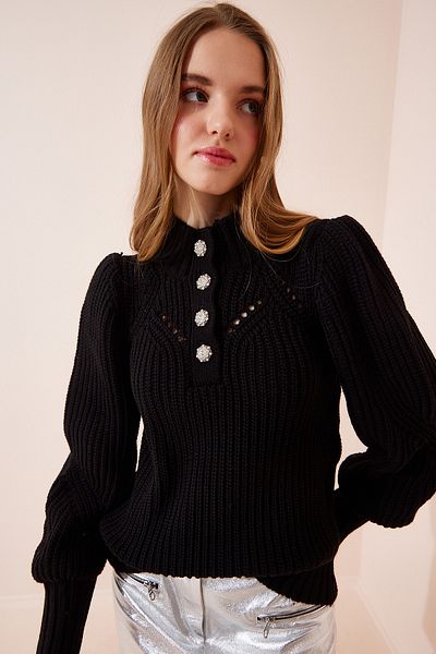 Happiness İstanbul Pulover negru, elegant, cu nasturi, ajurat, tricotaje MT00118