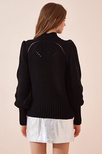 Happiness İstanbul Pulover negru, elegant, cu nasturi, ajurat, tricotaje MT00118