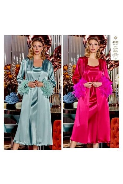 Jeremi Satin Women's Nightgown and Dressing Gown Set - Long Nightgown with Feather Detail