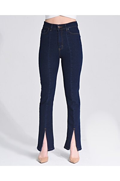 SHEVEGA Navy Blue Lycra High Waist Flared Leg Slit Jeans Flare Jeans