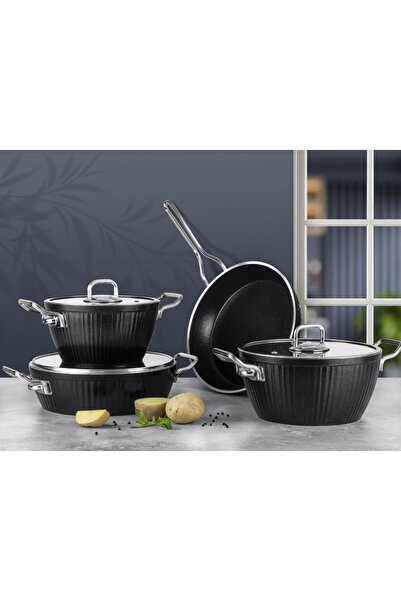 Lines Ayseren 7 Parça Granit Tencere Seti - Siyah