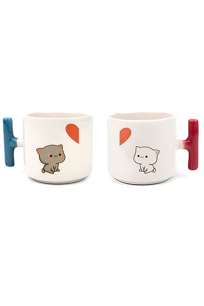 GünayStore Double Turkish Coffee Cup & Espresso Mochicat Dear Couple Blue & Red 2-pack T Cup 200 Ml