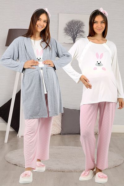 lohusahamile Pink Rabbit Patterned Gray Maternity Pajamas Set with Dressing Gown