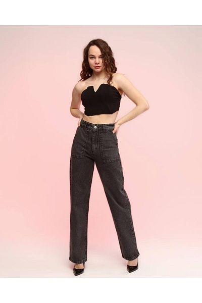 SHEVEGA Anthracite Pocket Detailed High Waist Snow Wash Loose Wide Leg Jeans Wide Leg Jeans