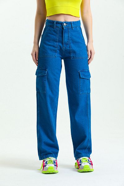 SHEVEGA Albastru Buzunar Cargo Talie înaltă Buzunar lejer Detaliat Blugi cu picior lat Jeans