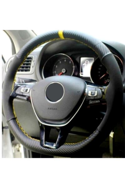 Asegaraj Chevrolet Kalos Uyumlu Dikmeli Direksiyon Kılıfı Alkantara-karbon Sarı Yüzüklü
