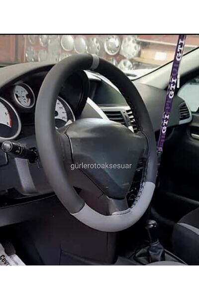 Peugeot 206 Uyumlu Deri Dikmeli Direksiyon Kılıfı Iki Renkli Yüzüklü Gri A+plus