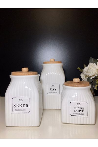 Pembelia Life 3 Size Labeled Porcelain Bamboo Lid Tea Sugar Coffee Storage Jar Container