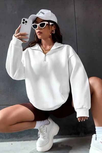 LECTURE Unisex Beyaz Yarım Fermuarlı Dik Yaka Oversize Sweatshirt