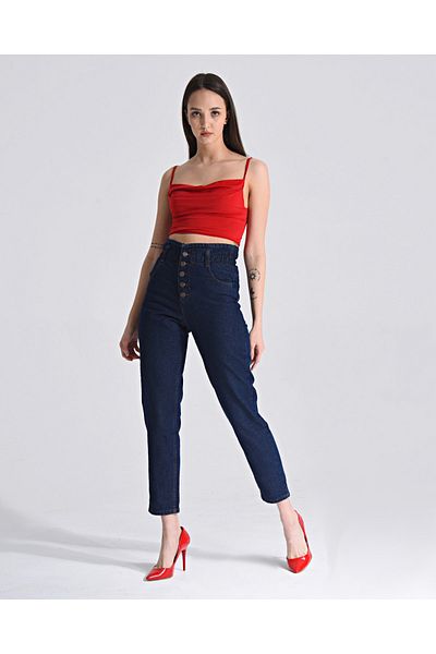 SHEVEGA Navy Blue Lycra High Waist Women's Elastic Waist Button Detailed Fit Mom Jean Jeans