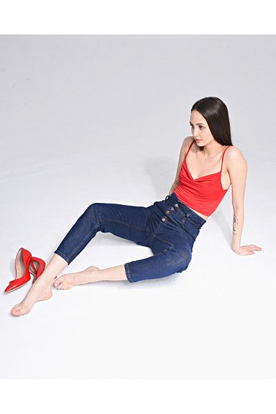 SHEVEGA Navy Blue Lycra High Waist Women's Elastic Waist Button Detailed Fit Mom Jean Jeans