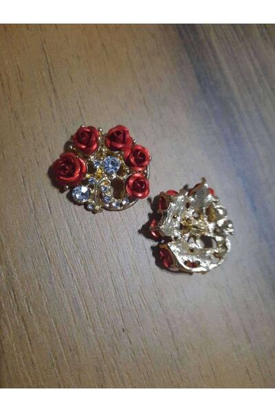 İMREN AKSESUAR White Rhinestone Red Rose Figured 2 cm Metal Button 2 Pieces