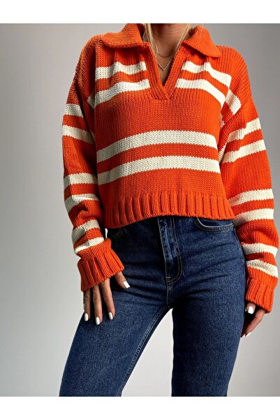 Dilvin 10235 Polo Yaka Çizgili Kazak-turuncu