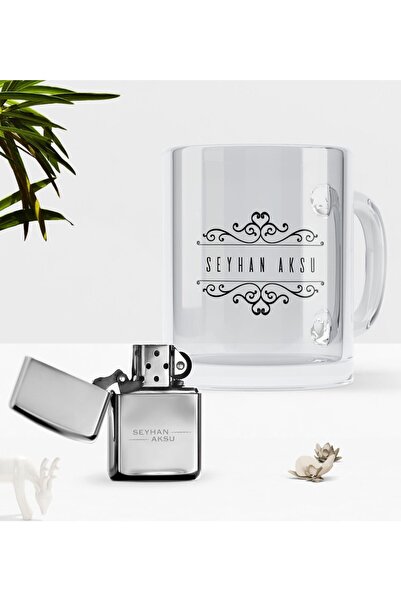Bk Gift Babalar Gününe Özel Isimli Cam Kupa Bardak Benzinli Metal Çakmak Seti-9